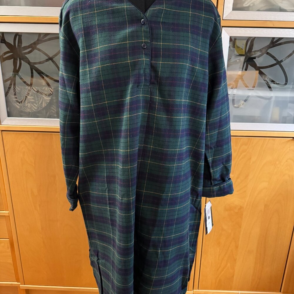 🏕 Pendleton Plaid Flannel Nightshirt | Green Tartan | Size L | 100% Cotton NWT